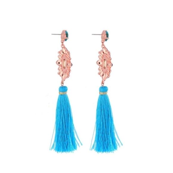 Flower Crystal Blue Tassel Fringe Vintage Gold Dangle Statement Earrings - Picture 4 of 9